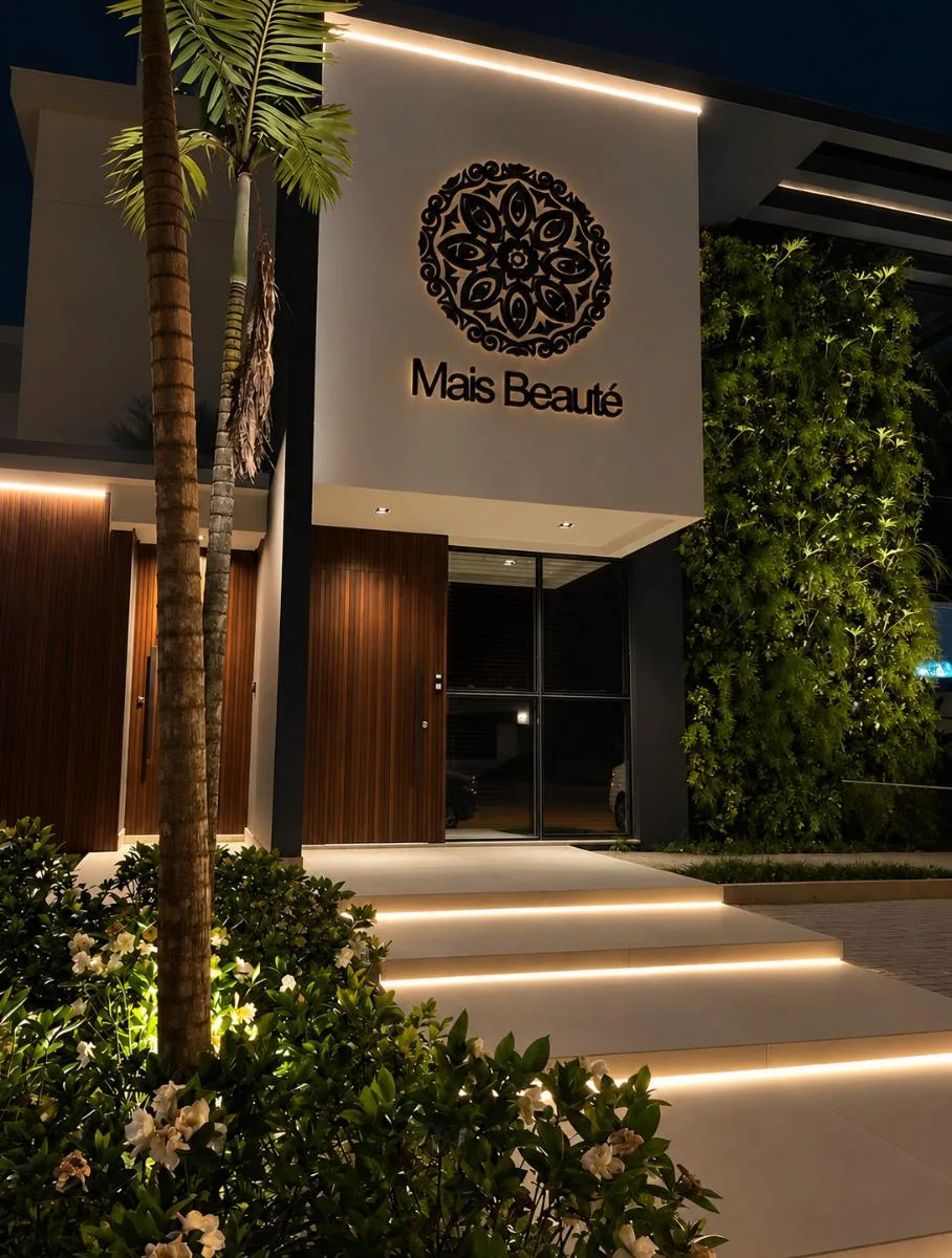 Fachada da Mais Beauté à noite, com a mandala acesa na parede e os degraus da entrada iluminados
